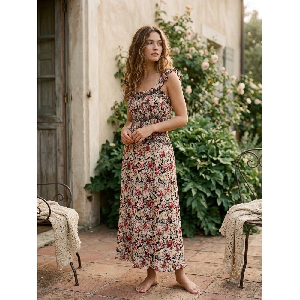 Floral Smocked Maxi Dress Ruffle Strap Rose Print Square Neck M (read)